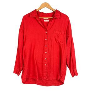 Christian Siriano NY Bright Red Linen Oversized Long Sleeve Shirt Lagenlook L